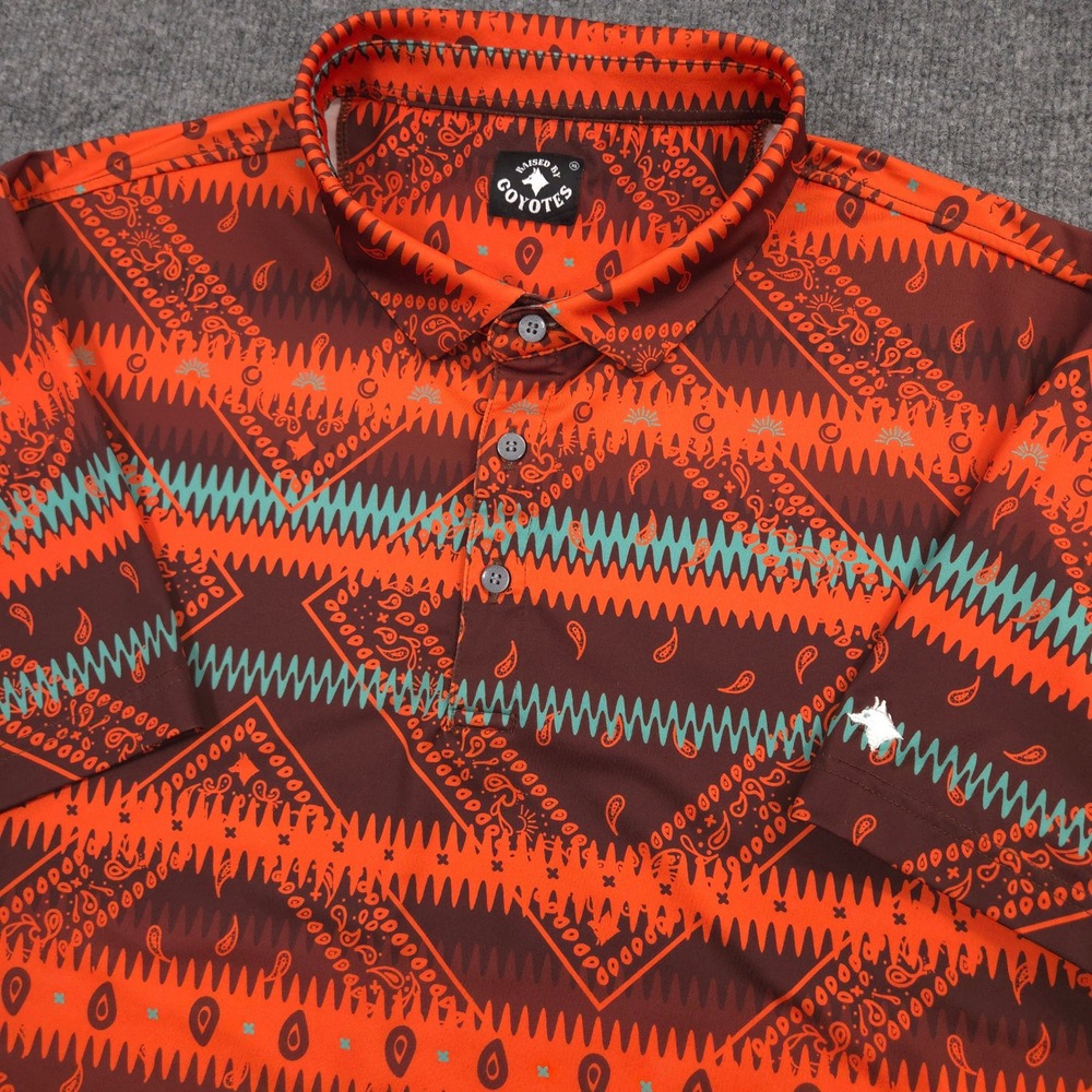 Raised By Coyotes Polo Shirt Mens XL Orange Sunset Bandana Southwestern Paisley